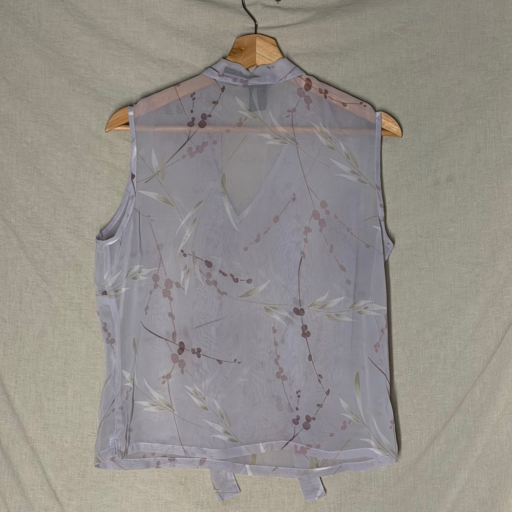 L.J. Freud Lavender Floral Sheer Tie Neck Sleeveless Blouse Women's Size M - Picture 2 of 5